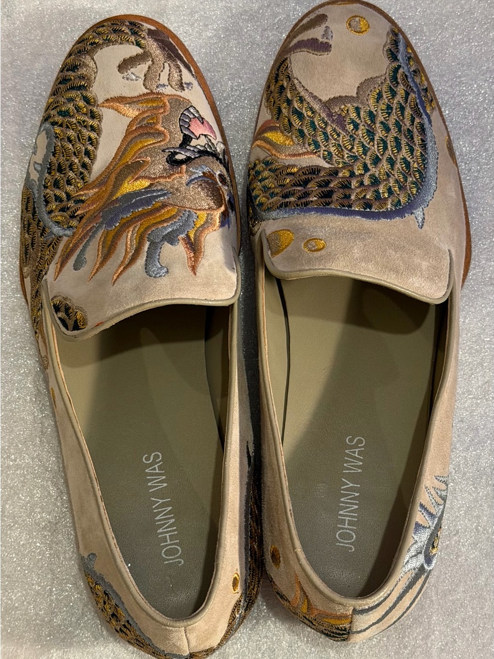 Johnny Was Taupe Suede Loafers with Gold & Gray Embroidery - Picture 3 of 8